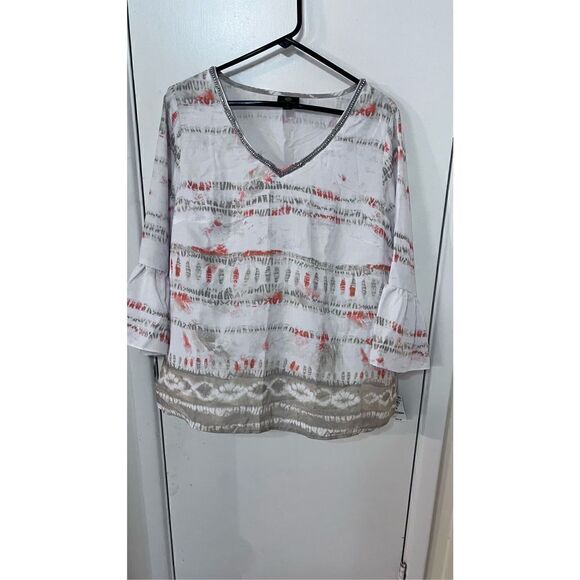 JM Collection Womens Printed Bell Sleeve Top Stone Combo Beige Plus Size 1X NWT - Picture 1 of 13